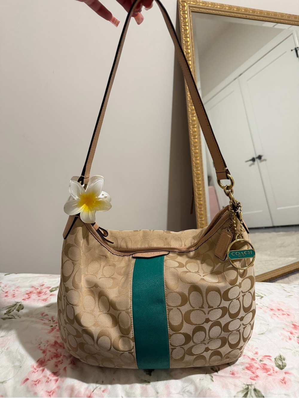 Coach Beige Signature Shoulder Bag with Teal Center Stripe